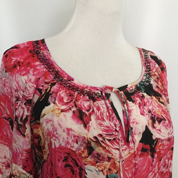 VANESSA VIRGINIA Anthropologie 100% Silk Rose Floral Print Tie Collar Shirt - Picture 5 of 8